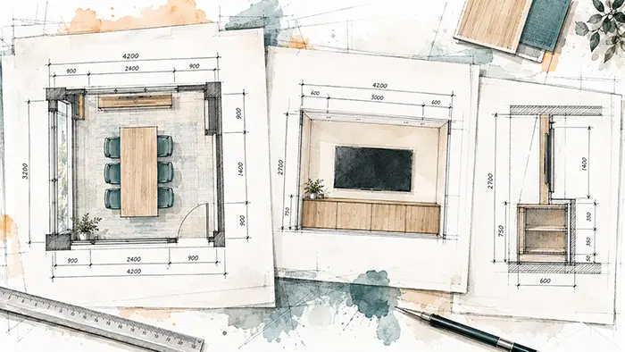 Illustrated floor plan, wall elevation and cabinet section arranged as three drawing sheets.