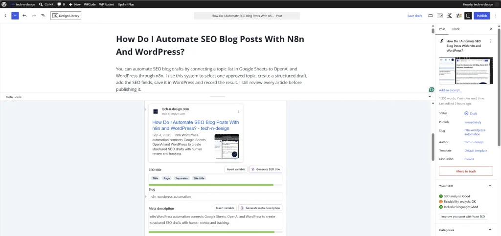 WordPress article created as a draft with BlogPilot SEO fields