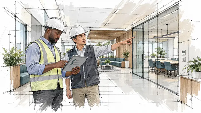 Illustrated coordinator and contractor checking a meeting-room cupboard against a tablet checklist and printed plan.