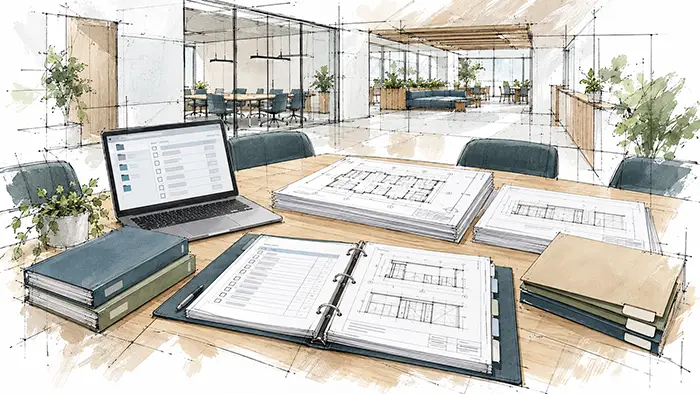 Illustrated handover document pack with record drawings, manuals, warranty folders and a document register beside a laptop.