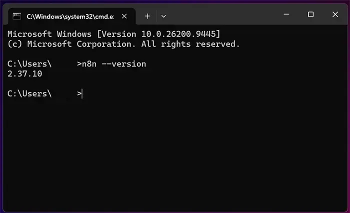 Windows Command Prompt showing n8n version 2.37.10