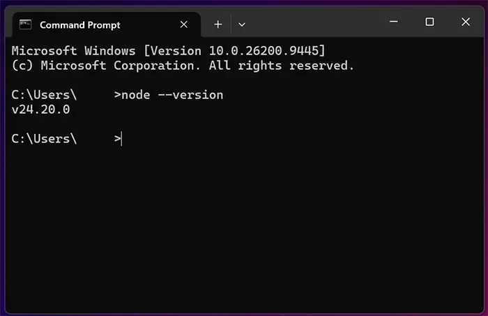 Windows Command Prompt showing Node.js version v24.20.0.