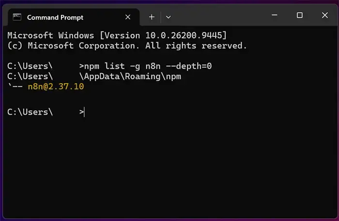 Windows Command Prompt showing n8n 2.37.10 listed as a global npm installation