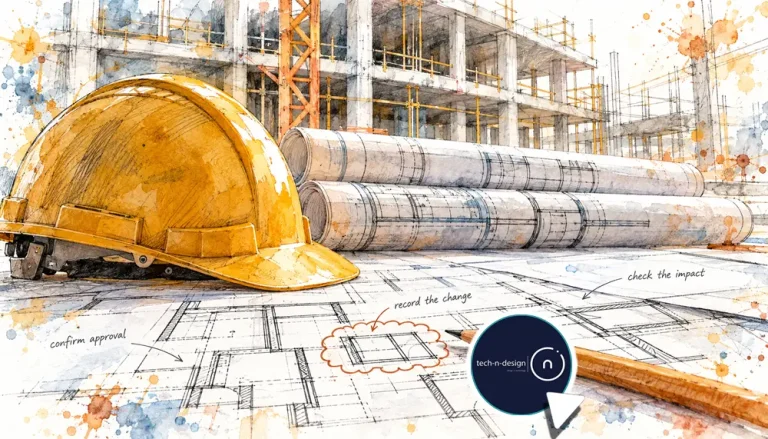 illustration of a yellow hard hat, rolled plans and a pencil beside a marked revision on a construction drawing.